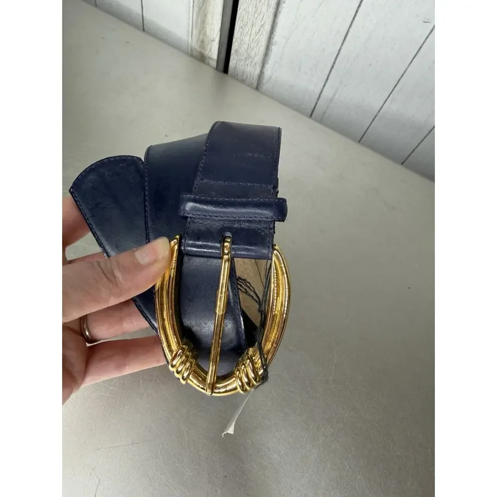 Vintage Liz Claiborne Navy Leather Belt Oval Gold Buckle 90s Classic Size Medium